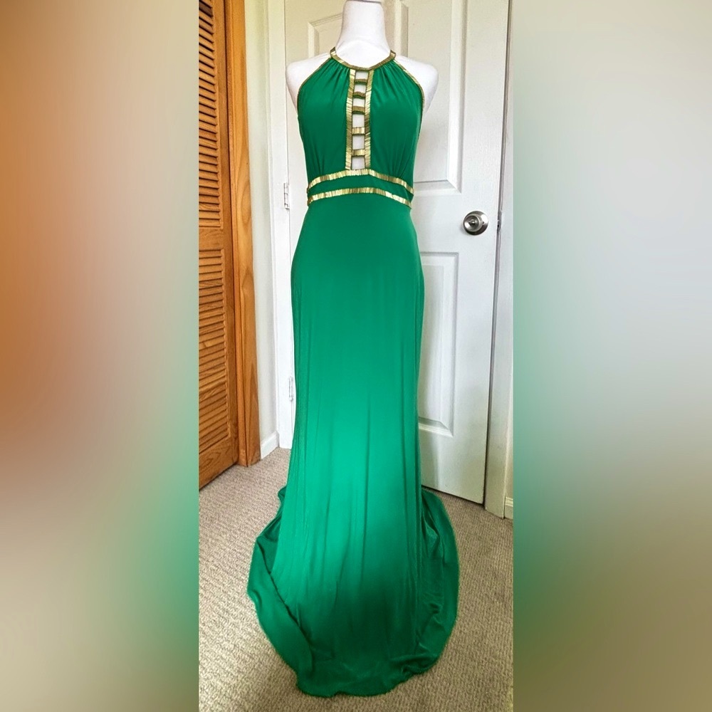 XSCAPE Green & Gold Formal Halter Gown - Picture 3 of 10